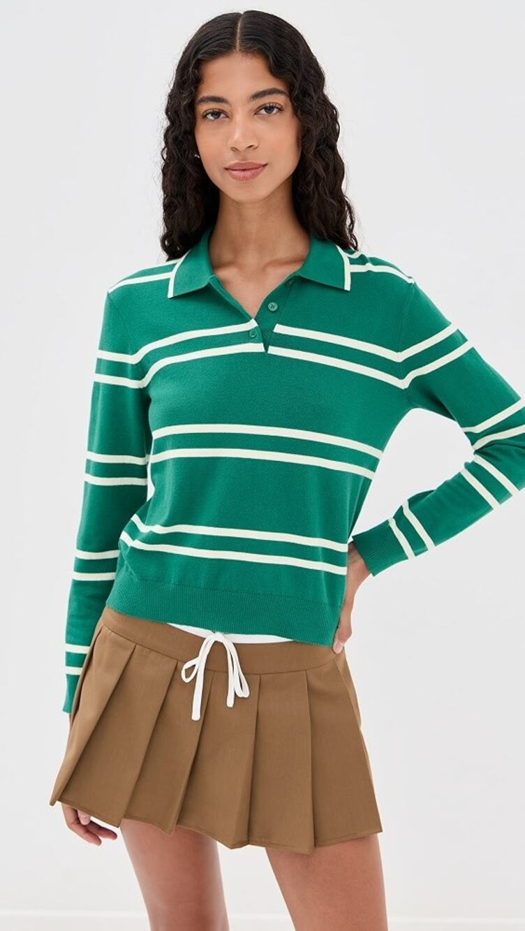 State & Lake Green White Long Sleeve Striped Polo Womens Small Ivy League
